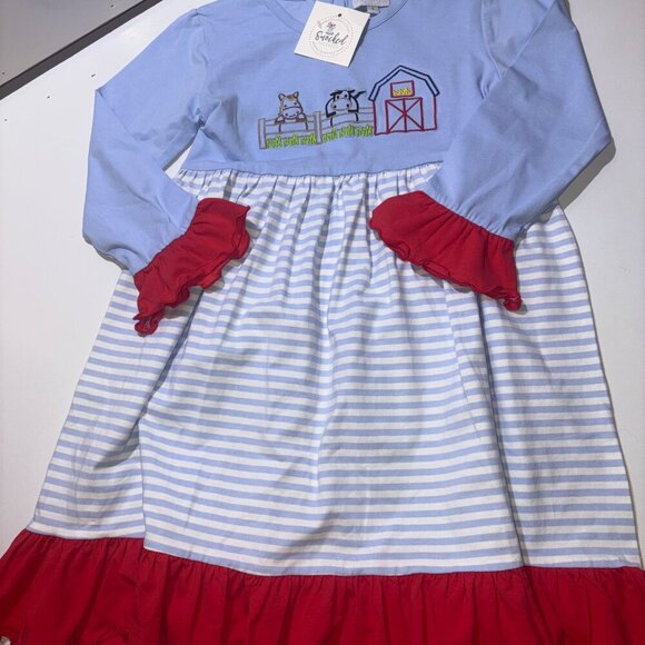 NEW NWT Smocked Polkadot Embroidered Red White Blue Farm Ruffle Dress size 7 - Picture 3 of 8